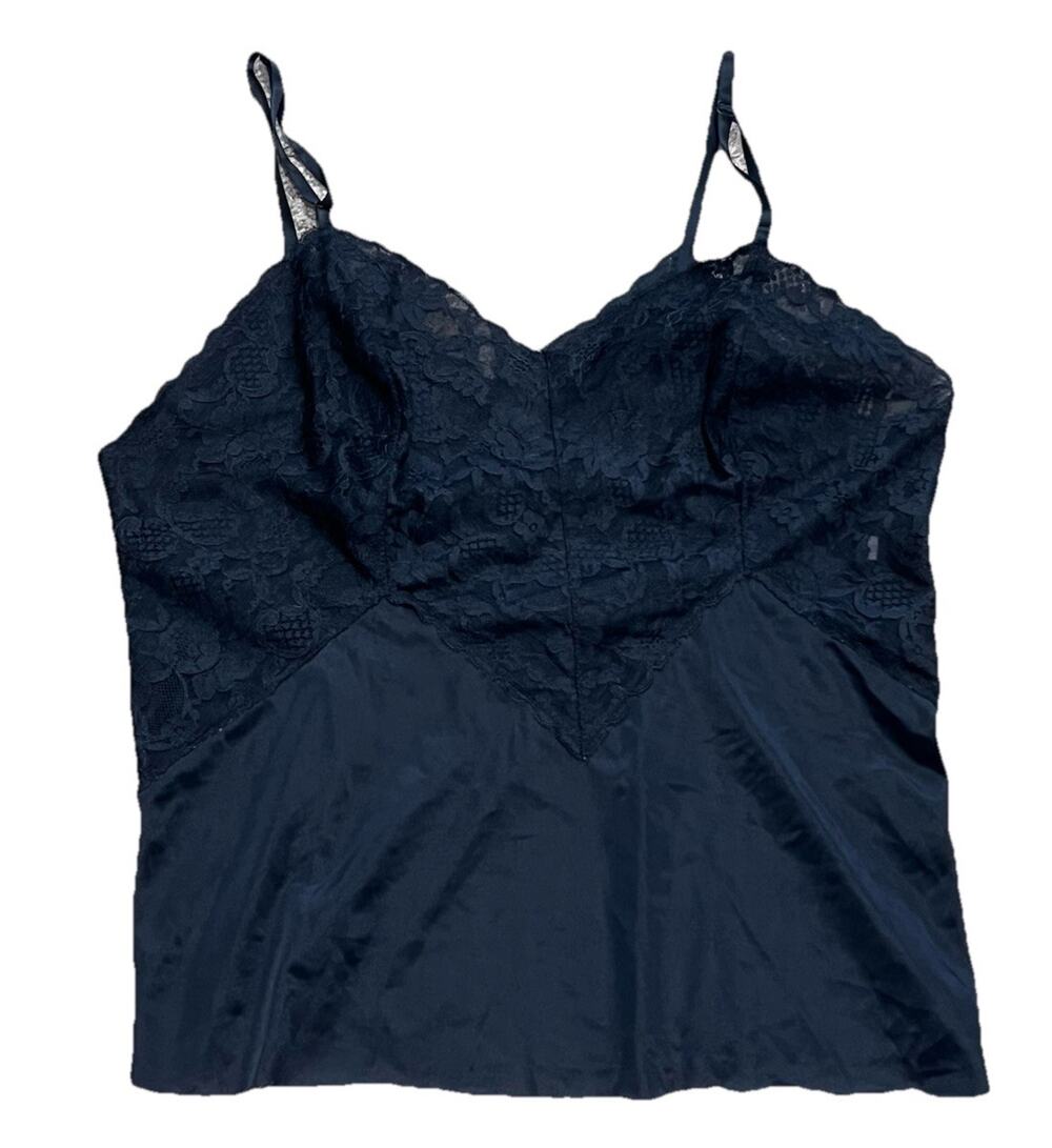 Vintage Vanity Fair Full Front Back Lace Cami Black 40 Raw Hem Witchy Goth Femme